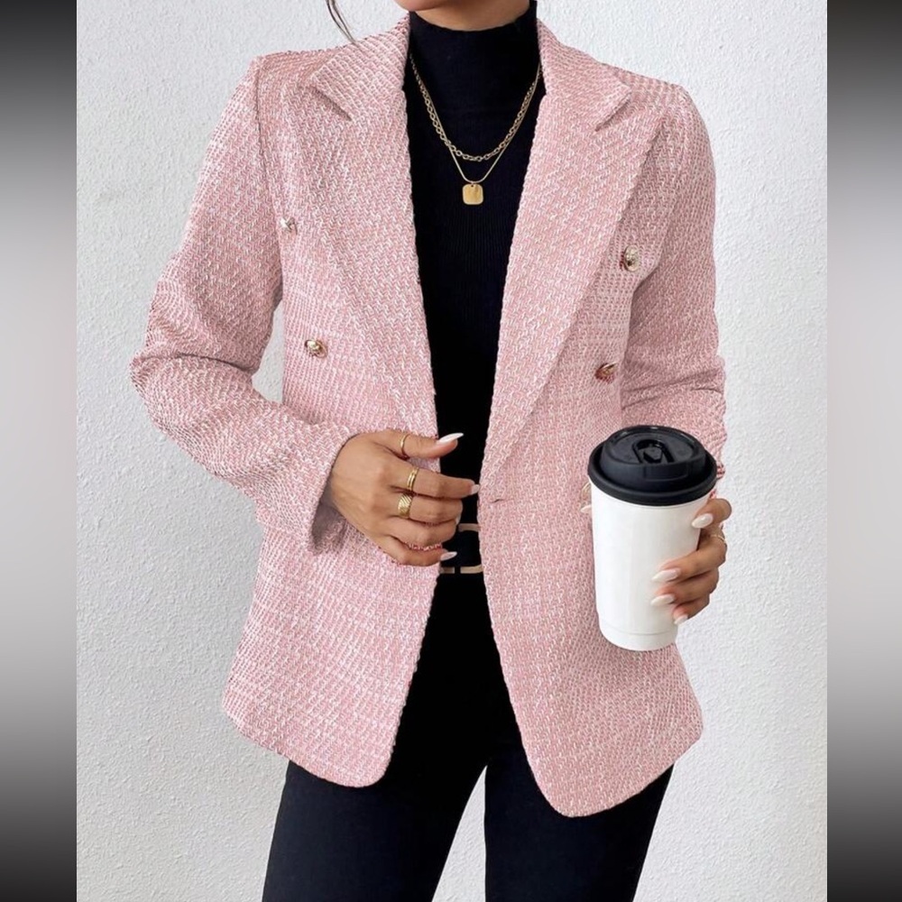 business casual workwear Lapel Collar Double Button Blazer tweed barbie pink